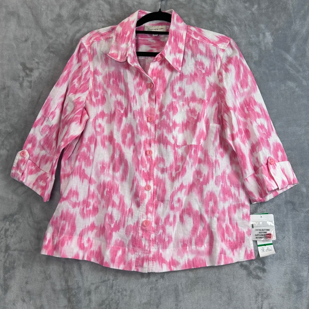 Jones New York Sport 100% Linen Pink White Ikat Button Down Shirt NWT Large